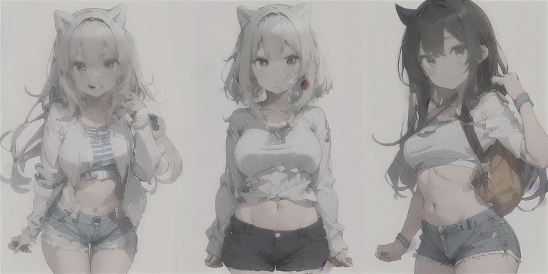 1 garota, :d, curativo, curativo_sobre_joelho, franja, apenas_ombros, Azul_cabelo, Azul_marinheiro_colarinho, Azul_Shorts, corar, branco pink cat ears, colarinhobsobree, cortar_principal, presa, cabeloclip, joelhohighs, lsobreg_cabelo, barriga, umbigo, sobree_lado_acima, abrir_boca, vermelho_olhos, marinheiro_colarinho, Camisa, sapato, Shorts, sem mangas, sem mangas_Camisa, pequeno_seios, sorriso, tennis, meias, Sozinho, standing, faixa de suor, dois_lado_acima, branco_pants, branco_Camisa, (branco_Fundo:1.6)multiple views,completo_corpo