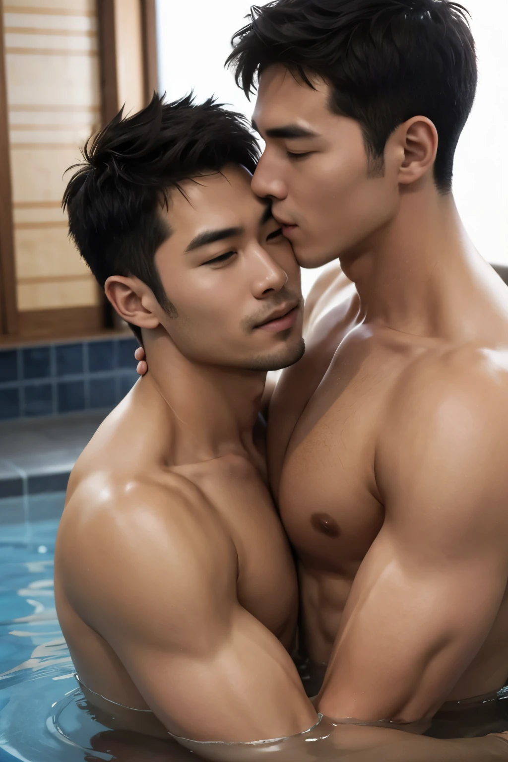 Two men’s kissing，bathhouse，Raised ????