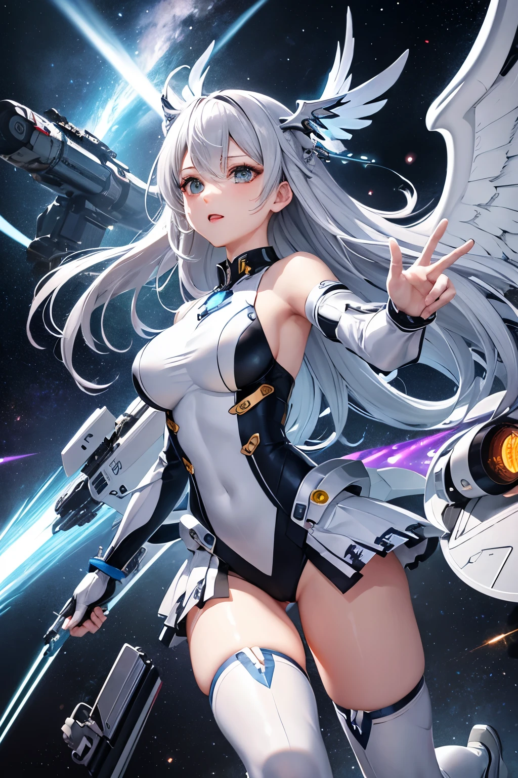 (((highest quality、first-clasasterpiece、Normal body、8k、Detailed face、Ultra-precision、Normal hand、Normal finger、5Finger、)))Silver Hair、Machine Angel、Mechanical Wing、Large booster、Large thruster、Beam rifle、Beam irradiation、Running through space、Beam Sword