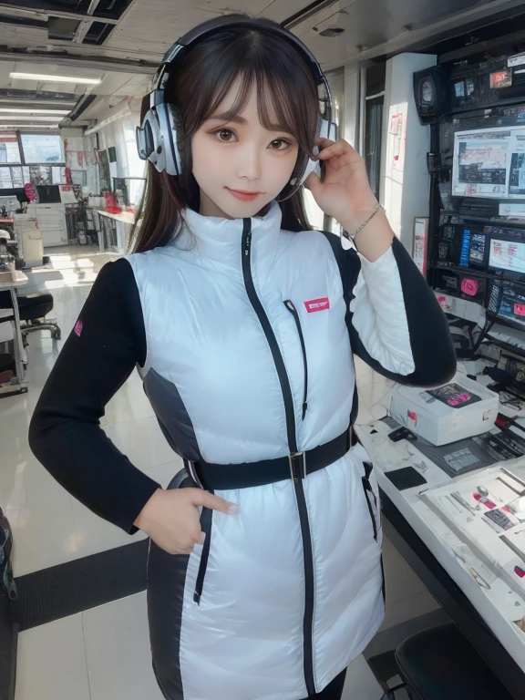 masterpiece, highest quality, Very detailed, 8K Portrait,japanese android girl,Plump , Control panel,Robotic arms and legs, Blunt bangs,,BREAK (metallic gray, metallic luster, mirror finish, astrovest):5,headphone:5,BREAK (black sleeves):100,smartwatch,futuristic space station,control room,BREAK headphone,blue eyes,(black hair):2,(long hair):1.3,look at viewer,(Respirator),BREAK blush:3,hidden hands,smile