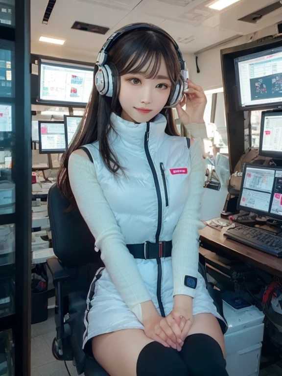 masterpiece, highest quality, Very detailed, 8K Portrait,japanese android girl,Plump , Control panel,Robotic arms and legs, Blunt bangs,,BREAK (metallic gray, metallic luster, mirror finish, astrovest):5,headphone:5,BREAK (black sleeves):100,smartwatch,futuristic space station,control room,BREAK headphone,blue eyes,(black hair):2,(long hair):1.3,look at viewer,(Respirator),BREAK blush:3,hidden hands,smile