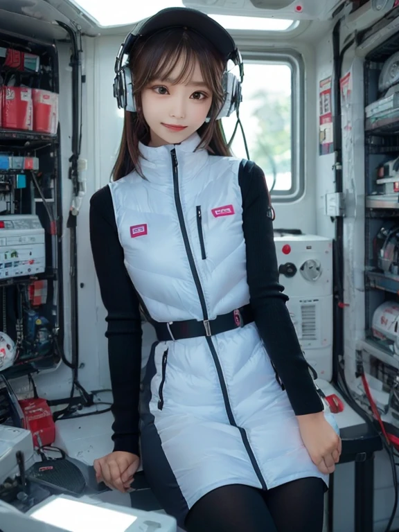 masterpiece, highest quality, Very detailed, 8K Portrait,japanese android girl,Plump , Control panel,Robotic arms and legs, Blunt bangs,,BREAK (metallic gray, metallic luster, mirror finish, astrovest):5,headphone:5,BREAK (black sleeves):100,smartwatch,futuristic space station,control room,BREAK headphone,blue eyes,(black hair):2,(long hair):1.3,look at viewer,(Respirator),BREAK blush:3,hidden hands,smile