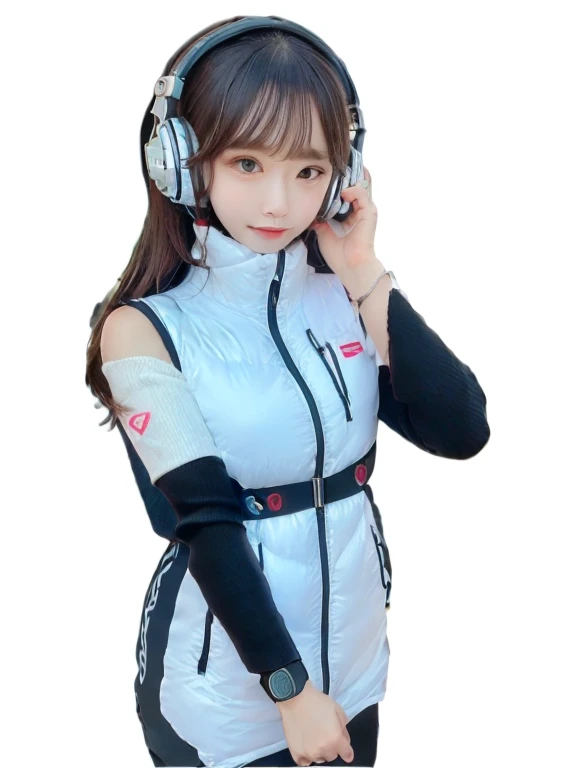 masterpiece, highest quality, Very detailed, 8K Portrait,japanese android girl,Plump , Control panel,Robotic arms and legs, Blunt bangs,,BREAK (metallic gray, metallic luster, mirror finish, astrovest):5,headphone:5,BREAK (black sleeves):100,smartwatch,futuristic space station,control room,BREAK headphone,blue eyes,(black hair):2,(long hair):1.3,look at viewer,(Respirator),BREAK blush:3,hidden hands,smile