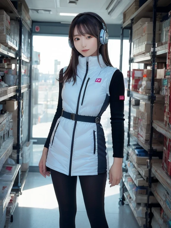 masterpiece, highest quality, Very detailed, 8K Portrait,japanese android girl,Plump , Control panel,Robotic arms and legs, Blunt bangs,,BREAK (metallic gray, metallic luster, mirror finish, astrovest):5,headphone:5,BREAK (black sleeves):100,smartwatch,futuristic space station,control room,BREAK headphone,blue eyes,(black hair):2,(long hair):1.3,look at viewer,(Respirator),BREAK blush:3,hidden hands,smile