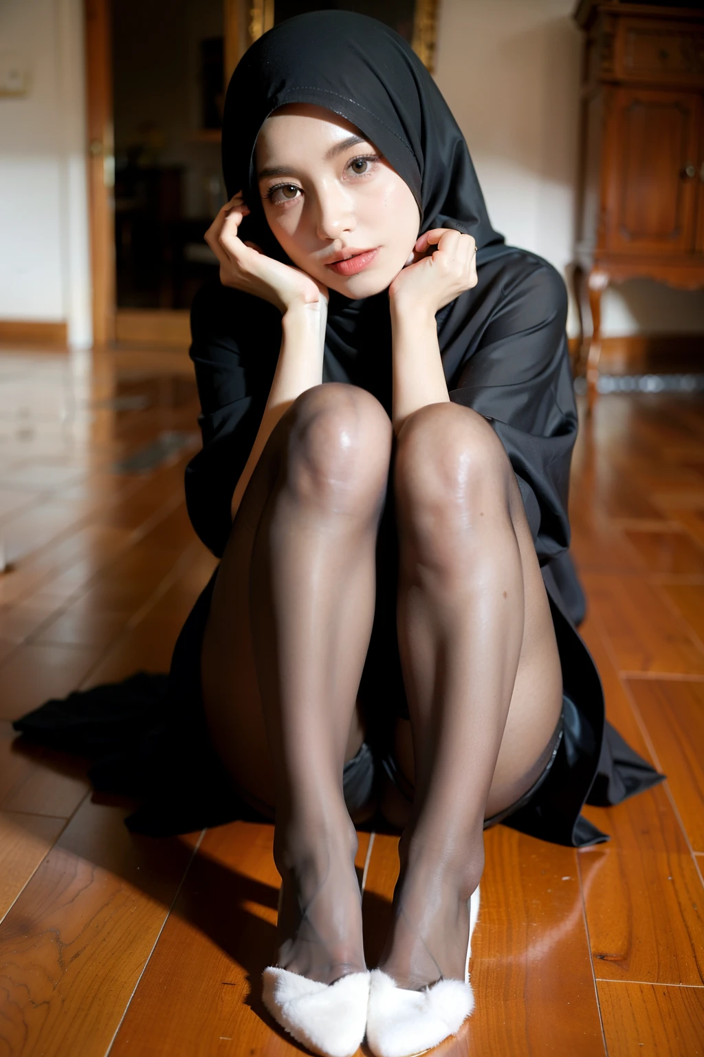 ((best quality)), ((masterpiece)), (detailed), perfect face, hijabi girl, pantyhose, posing for photo, gothic, small feet