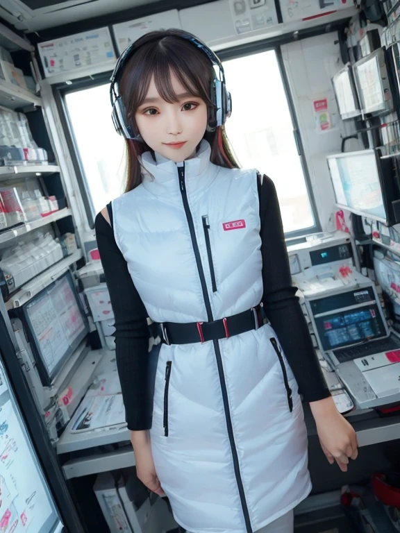 masterpiece, highest quality, Very detailed, 8K Portrait,japanese android girl,Plump , Control panel,Robotic arms and legs, Blunt bangs,,BREAK (metallic gray, metallic luster, mirror finish, astrovest):5,headphone:5,BREAK (black sleeves):100,smartwatch,futuristic space station,control room,BREAK headphone,blue eyes,(black hair):2,(long hair):1.3,look at viewer,(Respirator),BREAK blush:3,hidden hands,smile
