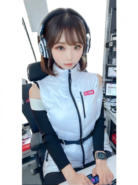 masterpiece, highest quality, Very detailed, 8K Portrait,japanese android girl,Plump , Control panel,Robotic arms and legs, Blunt bangs,,BREAK (metallic gray, metallic luster, mirror finish, astrovest):5,headphone:5,BREAK (black sleeves):100,smartwatch,futuristic space station,control room,BREAK headphone,blue eyes,(black hair):2,(long hair):1.3,look at viewer,(Respirator),BREAK blush:3,hidden hands,smile
