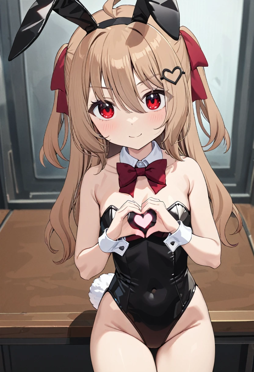 1girl, evil neuro-sama, (yuzu modoki), red eyes, light brown hair, ahoge, two side up, hair ribbon, dark red ribbon, heart hair ornament, (masterpiece, best quality), highly detailed, finely detailed, simple background, playboy bunny, rabbit ears, rabbit tail, detached collar, bowtie, wrist cuffs, leotard, cowboy shot, looking at viewer, from above, heart hands, on table, indoors, smile,