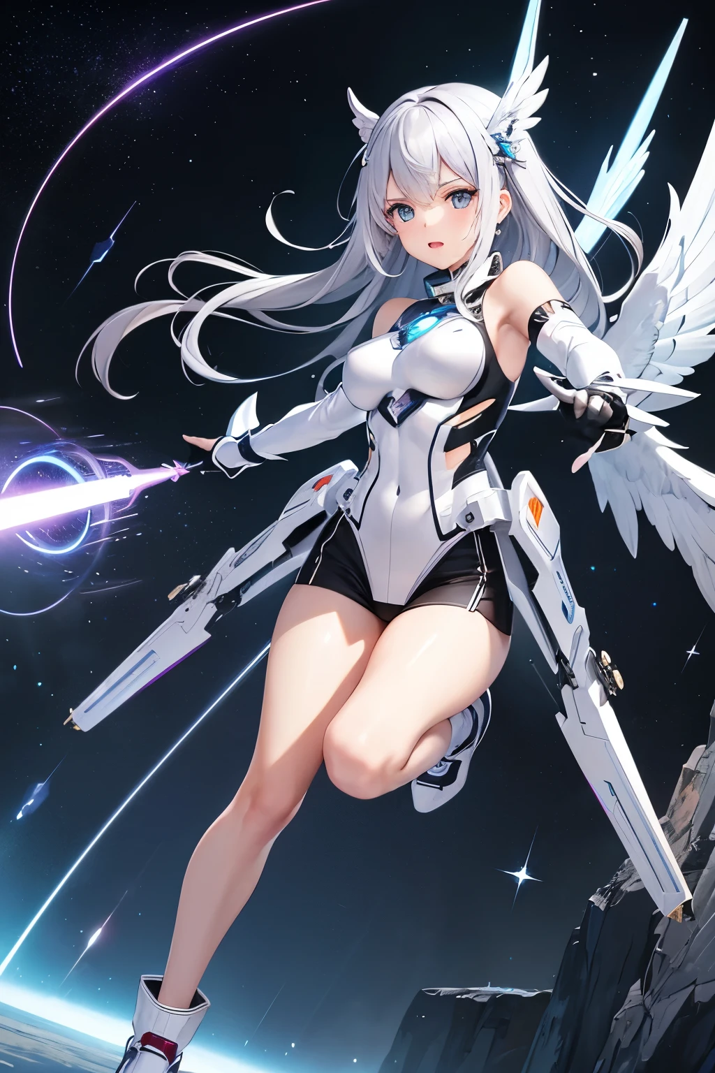 （（（highest quality、first-clasasterpiece、Normal body、8k、Detailed face、Ultra-precision、Normal hand、Normal finger、５Finger、）））Silver Hair、Machine Angel、Mechanical Wing、Large booster、Large thruster、Beam rifle、Beam irradiation、Running through space、Beam Sword、Fighting space monsters