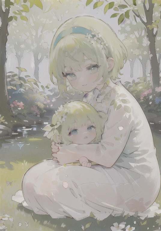 doting mother holding a baby,gently cradling baby in her arms,nurturing care for little ,warm motherly embrace,gentle touch of a mother's hands,affectionate gaze from mother's eyes,soft and delicate baby skin,sweet and innocent smile of the baby,adorned with a floral headband,loving bond between mother and ,peaceful and serene atmosphere,beautiful garden in bloom,colorful flowers in vibrant hues,lush green grass and blooming trees,sparkling sunlight filtering through the leaves,ethereal and dreamy ambiance,impressionist painting style,soft brushstrokes and vibrant colors of oil painting,warm and harmonious color palette,subtle play of light and shadows,masterpiece:1.2,ultra-detailed,realistic:1.37,vivid colors,sharp focus,studio lighting.