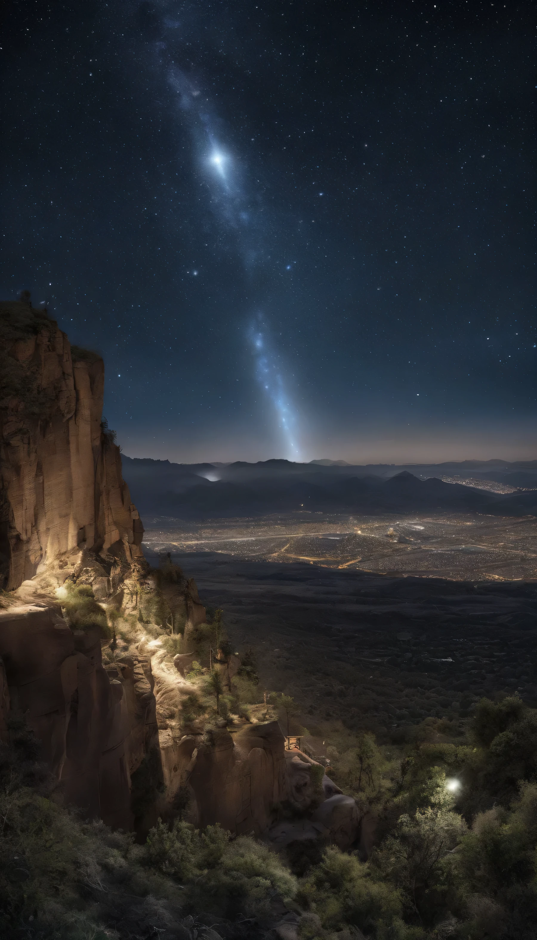 mesa、Maximum quality、Photorealistic、Um hiper-realista、A large shooting star crosses the night sky on a starry night１Visible