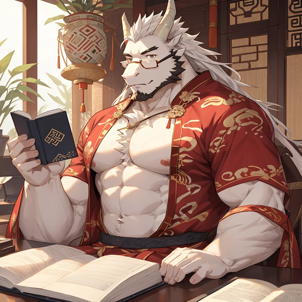 (white dragon),furry,fuii body shot,white mustache,big pecs,hearty males,naked,artbook,muscular,rimless_eyewear,Hanfu,holding_stylus,sitting_on_desk,adult,traditional_chinese_room