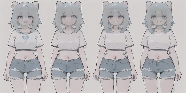 1 garota, :d, curativo, curativo_sobre_joelho, franja, apenas_ombros, Azul_cabelo, Azul_marinheiro_colarinho, Azul_Shorts, corar, branco pink cat ears, colarinhobsobree, cortar_principal, presa, cabeloclip, joelhohighs, lsobreg_cabelo, barriga, umbigo, sobree_lado_acima, abrir_boca, vermelho_olhos, marinheiro_colarinho, Camisa, sapato, Shorts, sem mangas, sem mangas_Camisa, pequeno_seios, sorriso, tennis, meias, Sozinho, standing, faixa de suor, dois_lado_acima, branco_pants, branco_Camisa, (branco_Fundo:1.6)multiple views,completo_corpo
