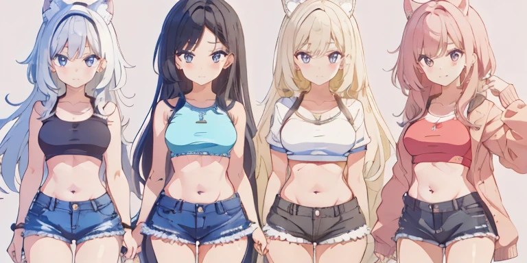 1 garota, :d, curativo, curativo_sobre_joelho, franja, apenas_ombros, Azul_cabelo, Azul_marinheiro_colarinho, Azul_Shorts, corar, branco pink cat ears, colarinhobsobree, cortar_principal, presa, cabeloclip, joelhohighs, lsobreg_cabelo, barriga, umbigo, sobree_lado_acima, abrir_boca, vermelho_olhos, marinheiro_colarinho, Camisa, sapato, Shorts, sem mangas, sem mangas_Camisa, pequeno_seios, sorriso, tennis, meias, Sozinho, standing, faixa de suor, dois_lado_acima, branco_pants, branco_Camisa, (branco_Fundo:1.6)multiple views,completo_corpo