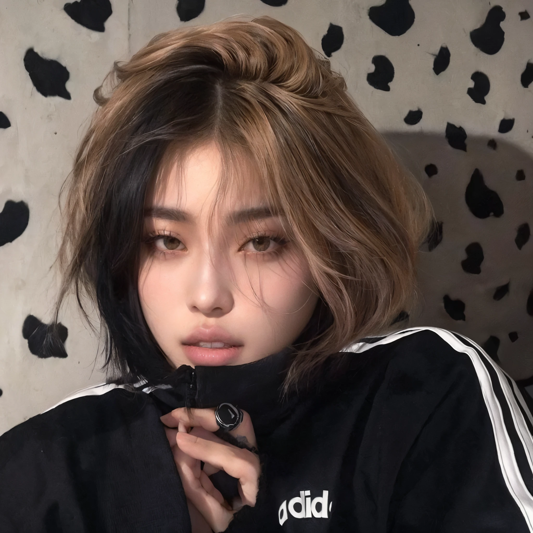 Mujer arafed con una chaqueta negra y un papel tapiz con estampado de vaca en blanco y negro., con pelo corto, portrait of jossi de blackpink, cruel korean gothic girl, 🤤 girl portrait, imagen de perfil, ulzzang, ella lleva ropa de calle, pelo corto y desordenado, jossi de blackpink, cabello con flequillo negro, con pelo corto with bangs, pelo negro desordenado