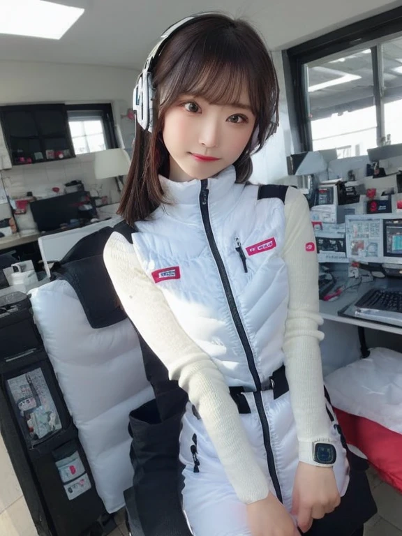 masterpiece, highest quality, Very detailed, 8K Portrait,japanese android girl,Plump , Control panel,Robotic arms and legs, Blunt bangs,,BREAK (metallic gray, metallic luster, mirror finish, astrovest):5,headphone:5,BREAK (black sleeves):100,smartwatch,futuristic space station,control room,BREAK headphone,blue eyes,(black hair):2,(long hair):1.3,look at viewer,(Respirator),BREAK blush:3,hidden hands,smile
