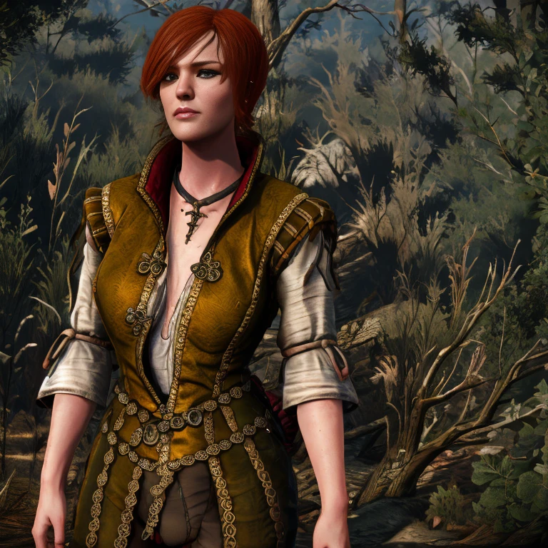 [ Shani],[Short Red Hair],Shani from The WItcher,[sexy],[ forest],4k,sharp image,detailed