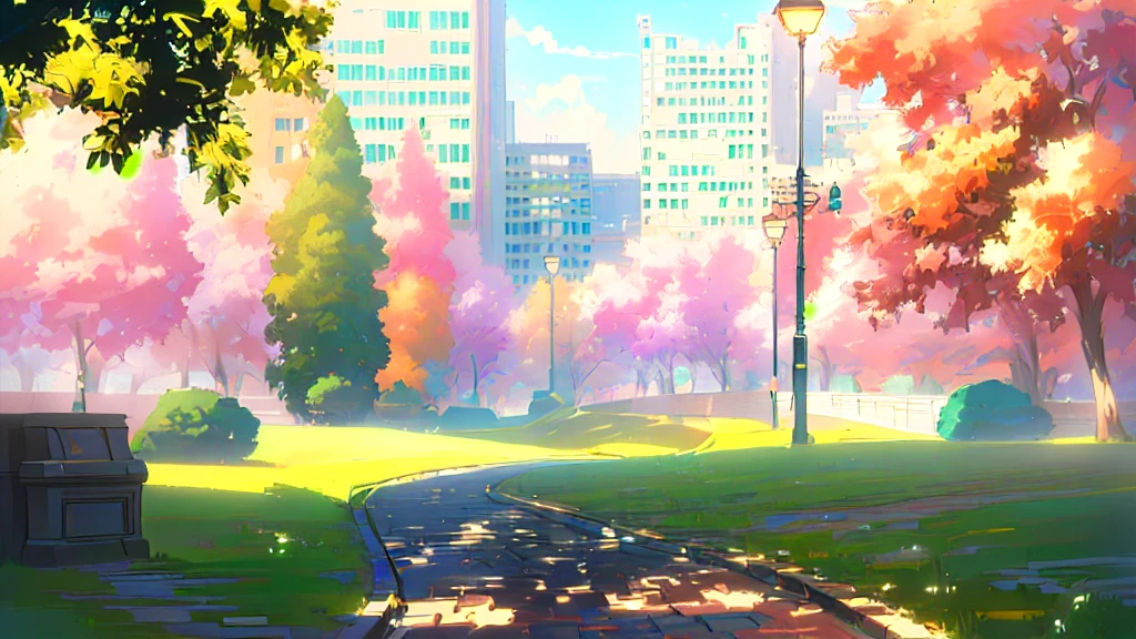 (masterpiece), best quality, CG 4k, simple background, a painting of a pathway in a park with a lamp post, anime background art, anime background, anime scenery, beautiful anime scenery, anime movie background, beautiful anime scene, anime scene, hd anime cityscape, anime scenery concept art, park background, random background scene, anime style cityscape, forest city streets behind her, colorful anime movie background