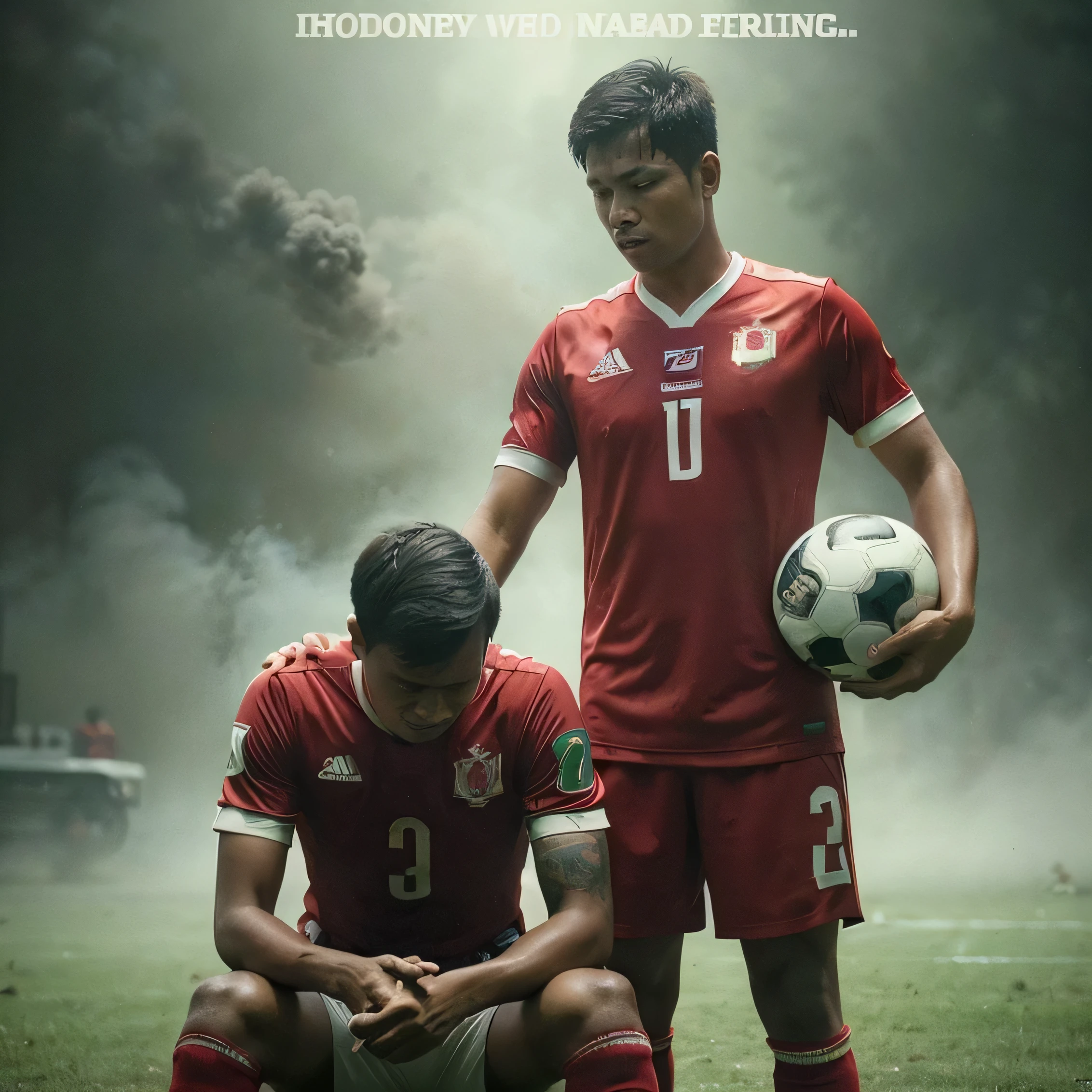 realistic football poster, photo of two Indonesian men wearing red Indonesian national team jerseys loading "INDONESIA" helping a friend who is sad, the feel of destroying the match with smoke leaking, full HD, dramatic