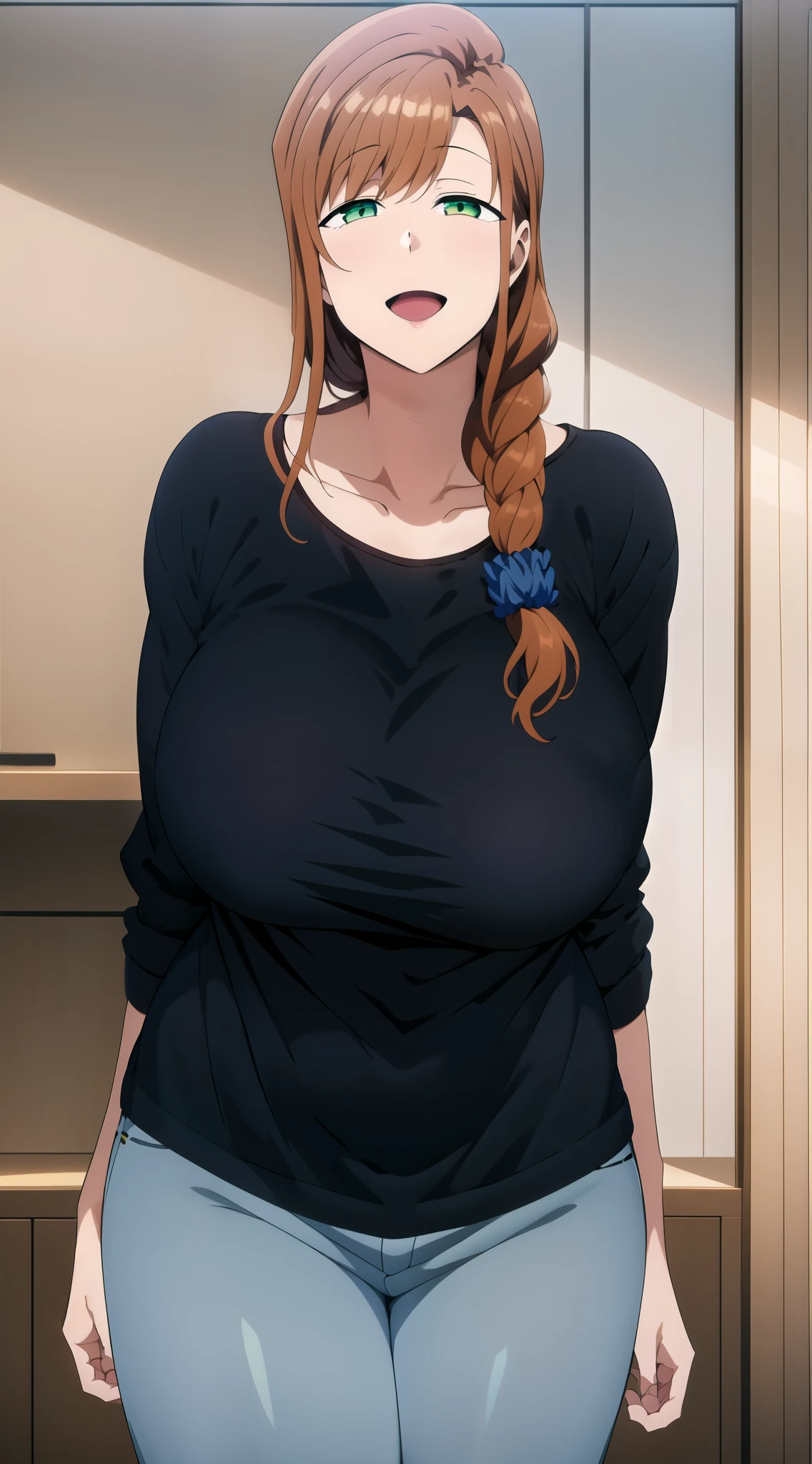 1girl, solo, long hair, looking at viewer, smile, open mouth, large breasts, orange hair, shirt, long sleeve, loose shirt, hair ornament, green eyes, collarbone, braid, blue pants, (((black shirt))), half closed eyes, single braid, scrunchie, hair over shoulder, hair scrunchie, mature female, wide hips