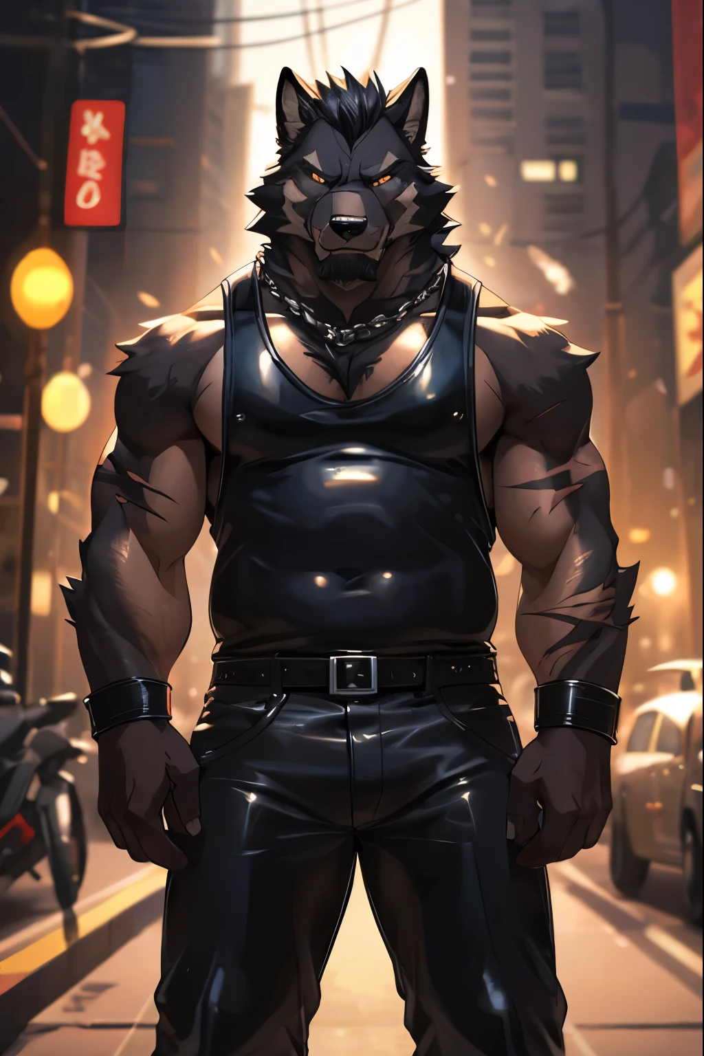 Masterpieces, furry, male, kinky, Anthropomorphic, full body, old age, rugged, black wolf, by nullghost, proper fit body type, Delicate eyes, white goatee, grizzled fur, glistening body, biker, thug, ebony skin, depth of field, warm lighting, bright lighting, (best quality),(masterpiece),(ultra detailed), sharp focus, night city background, fierce look, evil grins, scars, glossy, oiled up skin, black trousers, tight latex tanktop