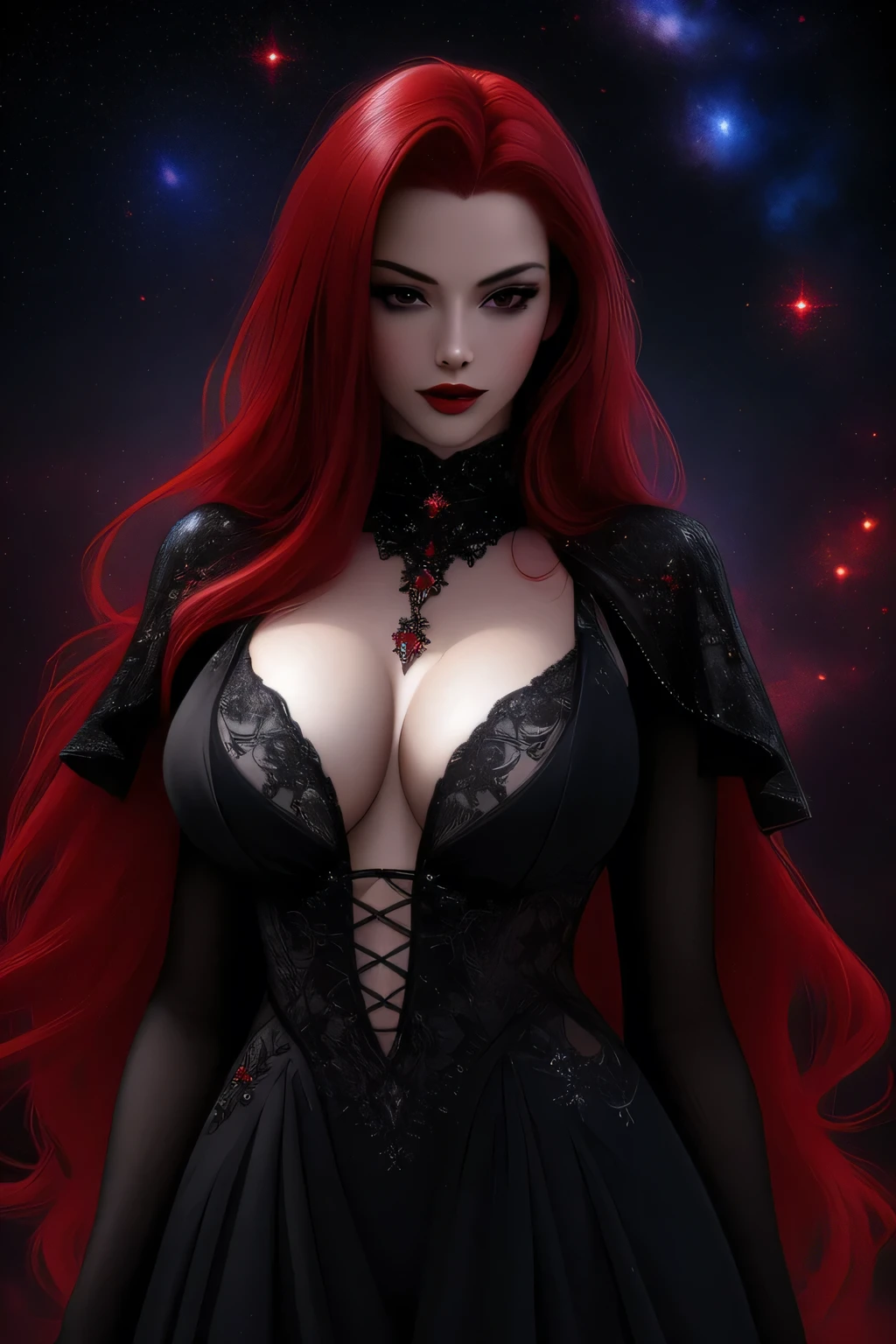 (Masterpiece - Ultra-Detailed, High Resolution) ((vivid red hair)), mature woman, 30 years old, diamond face, red starry sky background, depth of field, magic, big red lips, ((dark and black eyes)) black and red long and full dress, covered chest, mystical atmosphere, ominous shadows, Intense blue aura, Intense red aura (best quality:1.2), absurdres, intricate details, (highly detailed skin:1.2), smile expression, posing, taut and well defined body, attractive. Highly realistic, pale skin, beautiful, hyperrealism, skin very elaborated, direct gaze
