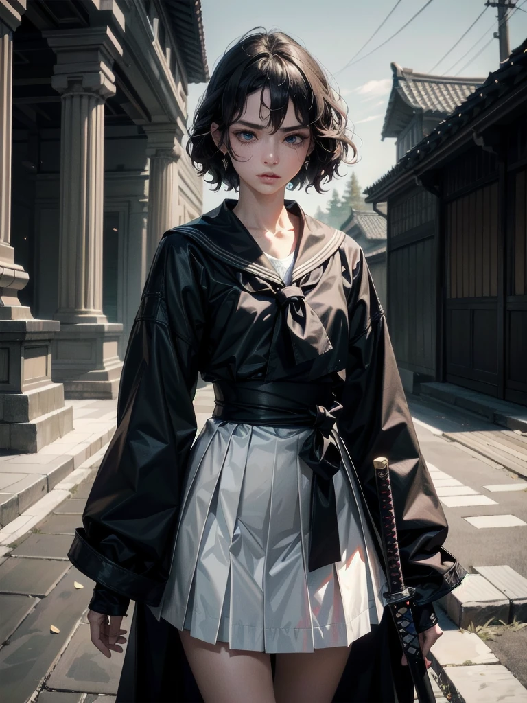 whole body, coat, long katana, absurdres, RAW photo, extremely delicate and beautiful, masterpiece, Best Quality, ultra high resolution, 32k, hyperrealistic, ultra-detailed, detailed beautiful face and eyes, tearful mole, earring, short medium hair, wavy hair, Ruins, sailor , samurai,