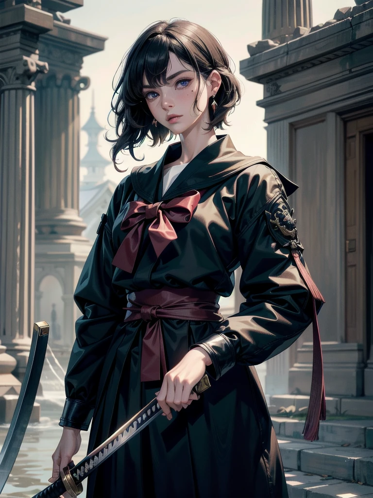 whole body, coat, long katana, absurdres, RAW photo, extremely delicate and beautiful, masterpiece, Best Quality, ultra high resolution, 32k, hyperrealistic, ultra-detailed, detailed beautiful face and eyes, tearful mole, earring, short medium hair, wavy hair, Ruins, sailor , samurai,