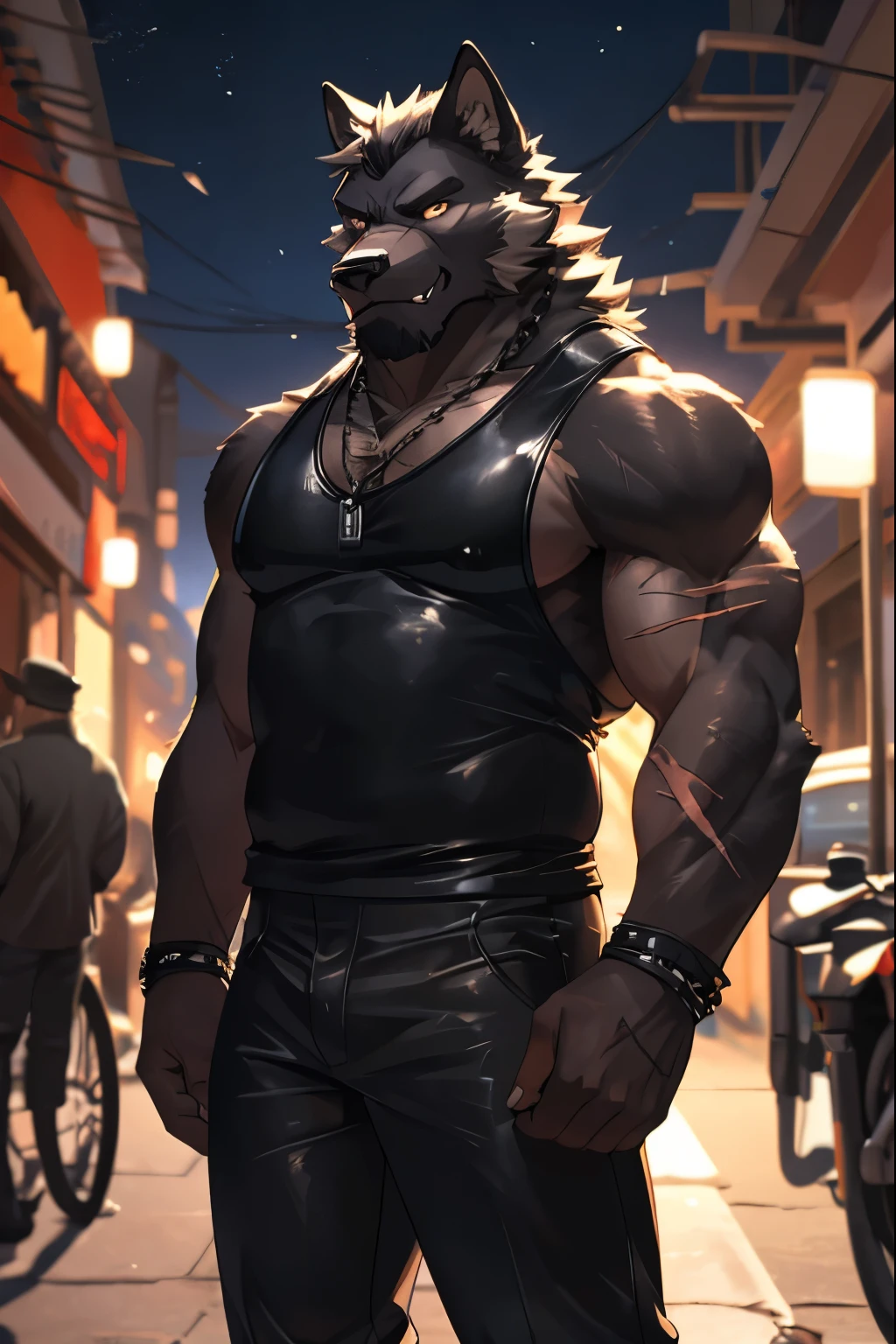 Masterpieces, furry, male, kinky, Anthropomorphic, full body, old age, rugged, black wolf, by nullghost, proper fit body type, Delicate eyes, white goatee, grizzled fur, glistening body, biker, thug, ebony skin, depth of field, warm lighting, bright lighting, (best quality),(masterpiece),(ultra detailed), sharp focus, night city background, fierce look, evil grins, scars, glossy, oiled up skin, black trousers, tight latex tanktop