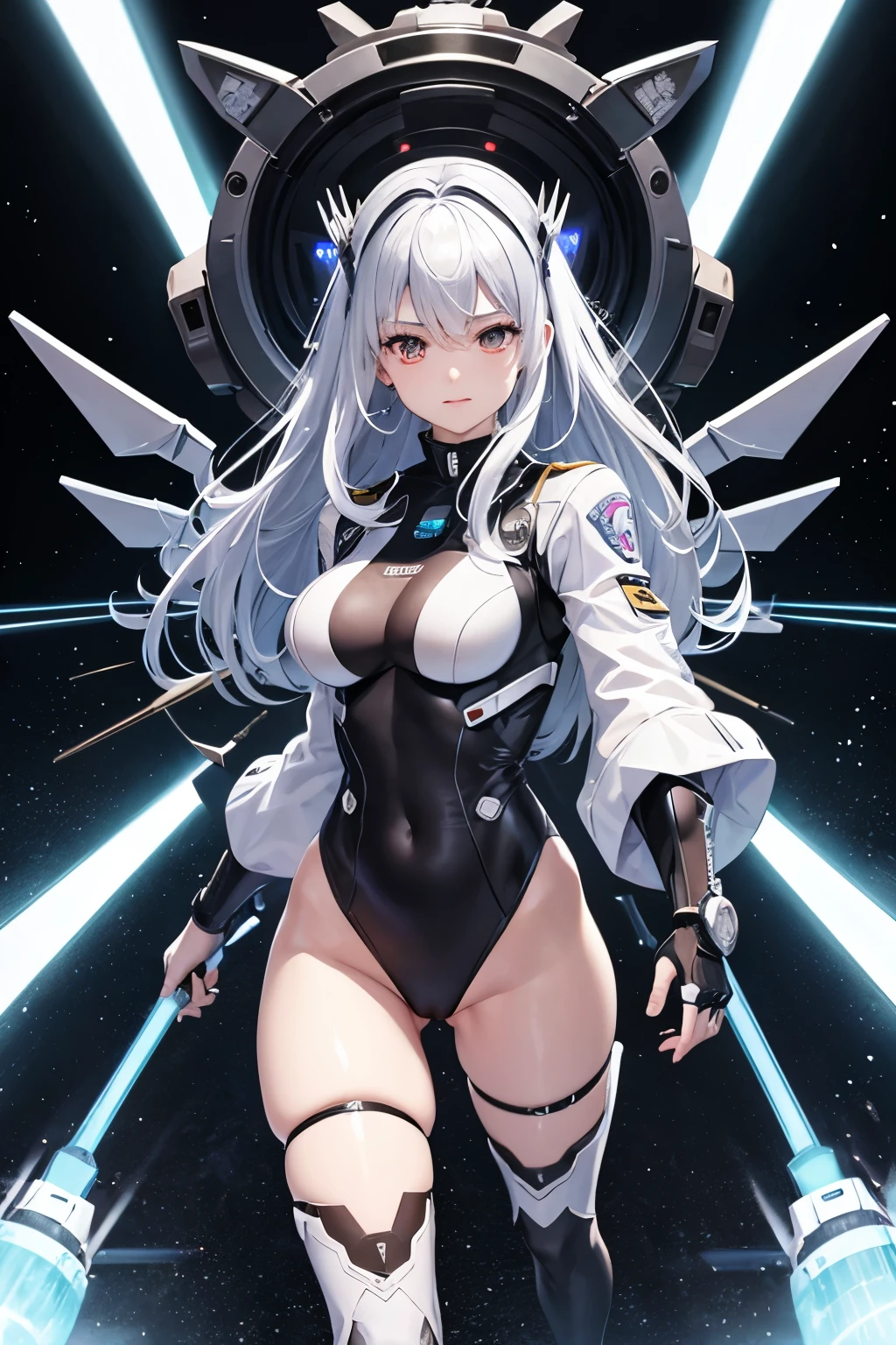 (((highest quality、first-clasasterpiece、Normal body、8k、Detailed face、Ultra-precision、Normal hand、Normal finger、5Finger、)))Silver Hair、Machine Angel、Mechanical Wing、Large booster、Large thruster、Thought-guided remote-controlled weapon、Beam rifle、Beam irradiation、Running through space、Beam Sword、Fighting space monsters、