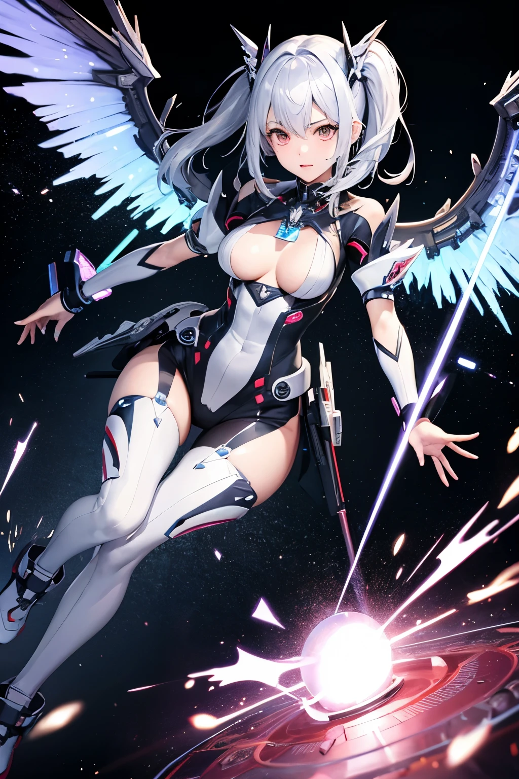 (((highest quality、first-clasasterpiece、Normal body、8k、Detailed face、Ultra-precision、Normal hand、Normal finger、5Finger、)))Silver Hair、Machine Angel、Mechanical Wing、Large booster、Large thruster、Thought-guided remote-controlled weapon、Beam rifle、Beam irradiation、Running through space、Beam Sword、Fighting space monsters、