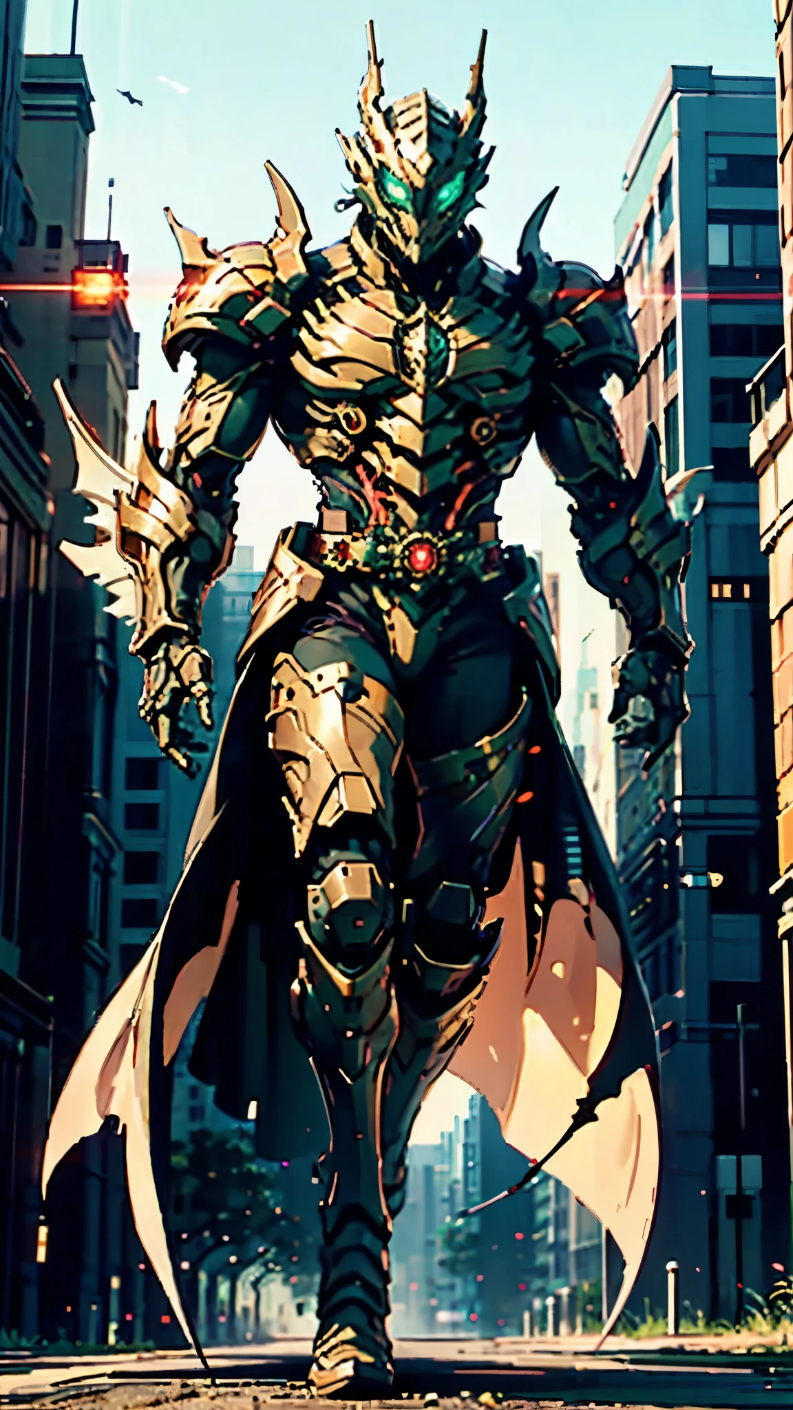 A man wearing a full-face helmet, a fantasy-style biomecha armored combat suit, green eyes, a composite layered chest armor, fully enclosed shoulder guards, matching arm and leg guards, the belt is adorned with dragon claw grasping orbs, primarily black with red accents, the design balances heavy with agility, a high-tech biological armor, concept inspired by dragons,stand on the top of a skyscraper in a futuristic sci-fi city, this character embodies a finely crafted fantasy-surreal style armored hero in anime style, exquisite and mature manga art style, ((male:1.5, element, plasma, energy)), metallic, real texture material, dramatic, high definition, best quality, highres, ultra-detailed, ultra-fine painting, extremely delicate, professional, perfect body proportions, golden ratio, anatomically correct, symmetrical face, extremely detailed eyes and face, high quality eyes, creativity, RAW photo, UHD, 32k, Natural light, cinematic lighting, masterpiece-anatomy-perfect, masterpiece:1.5