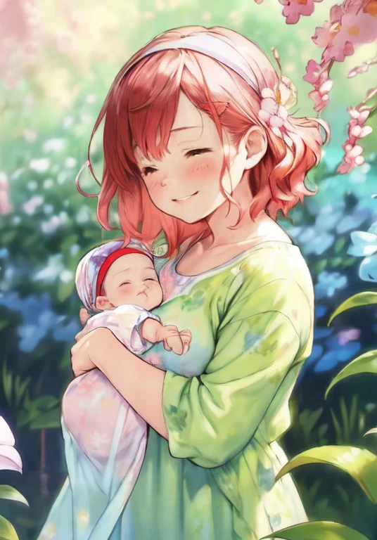 doting mother holding a baby,gently cradling baby in her arms,nurturing care for little ,warm motherly embrace,gentle touch of a mother's hands,affectionate gaze from mother's eyes,soft and delicate baby skin,sweet and innocent smile of the baby,adorned with a floral headband,loving bond between mother and ,peaceful and serene atmosphere,beautiful garden in bloom,colorful flowers in vibrant hues,lush green grass and blooming trees,sparkling sunlight filtering through the leaves,ethereal and dreamy ambiance,impressionist painting style,soft brushstrokes and vibrant colors of oil painting,warm and harmonious color palette,subtle play of light and shadows,masterpiece:1.2,ultra-detailed,realistic:1.37,vivid colors,sharp focus,studio lighting.