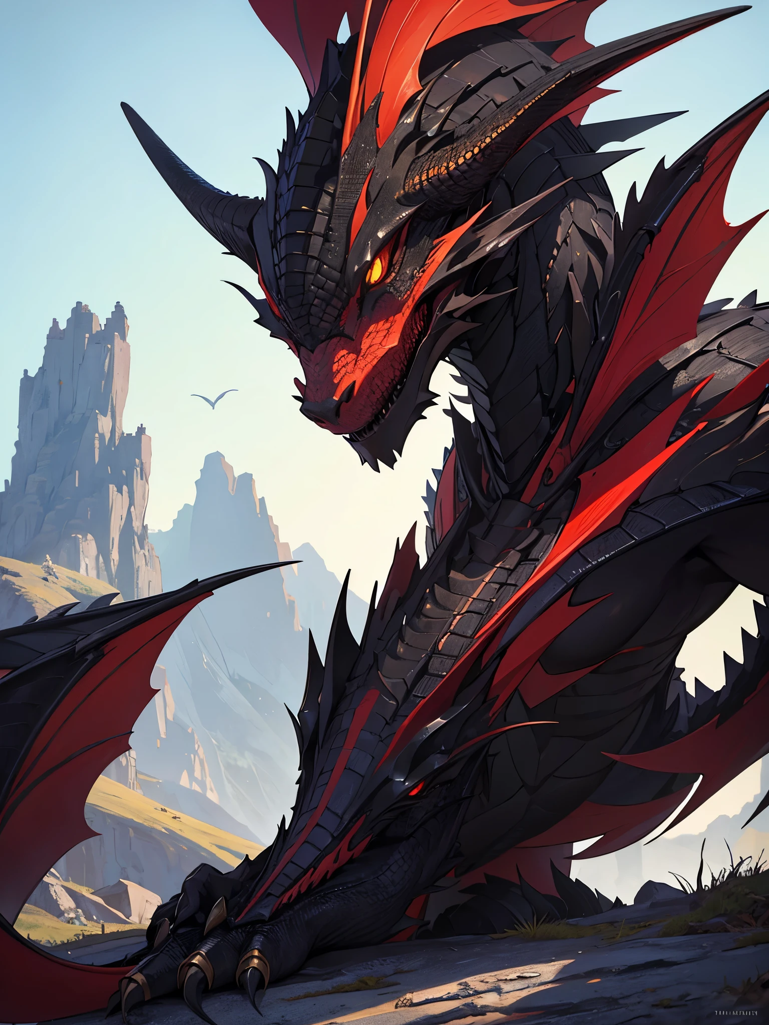 Dragon ancestral, negro y con alas rojas, in a mountain