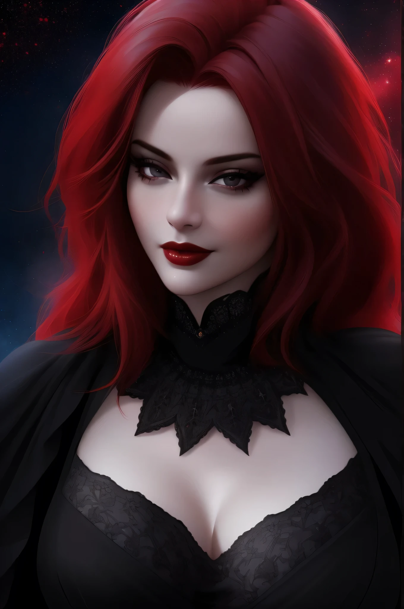 (Masterpiece - Ultra-Detailed, High Resolution) ((vivid red hair)), mature woman, 30 years old, diamond face, red starry sky background, depth of field, magic, big red lips, ((dark and black eyes)) black and red long and full dress, covered chest, mystical atmosphere, ominous shadows, Intense blue aura, Intense red aura (best quality:1.2), absurdres, intricate details, (highly detailed skin:1.2), smile expression, posing, taut and well defined body, attractive. Highly realistic, pale skin, beautiful, hyperrealism, skin very elaborated, direct gaze