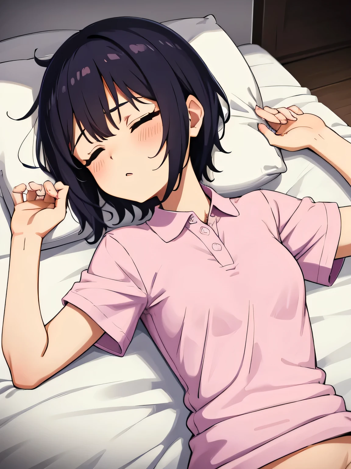 1. Beautiful girl in a pink polo shirt, short hair, Small breasts,Black Hair, No underwear, Hospital Beautiful Cute High Quality Short Sleeves Sleeping in Bed Sleeping Naked Examination