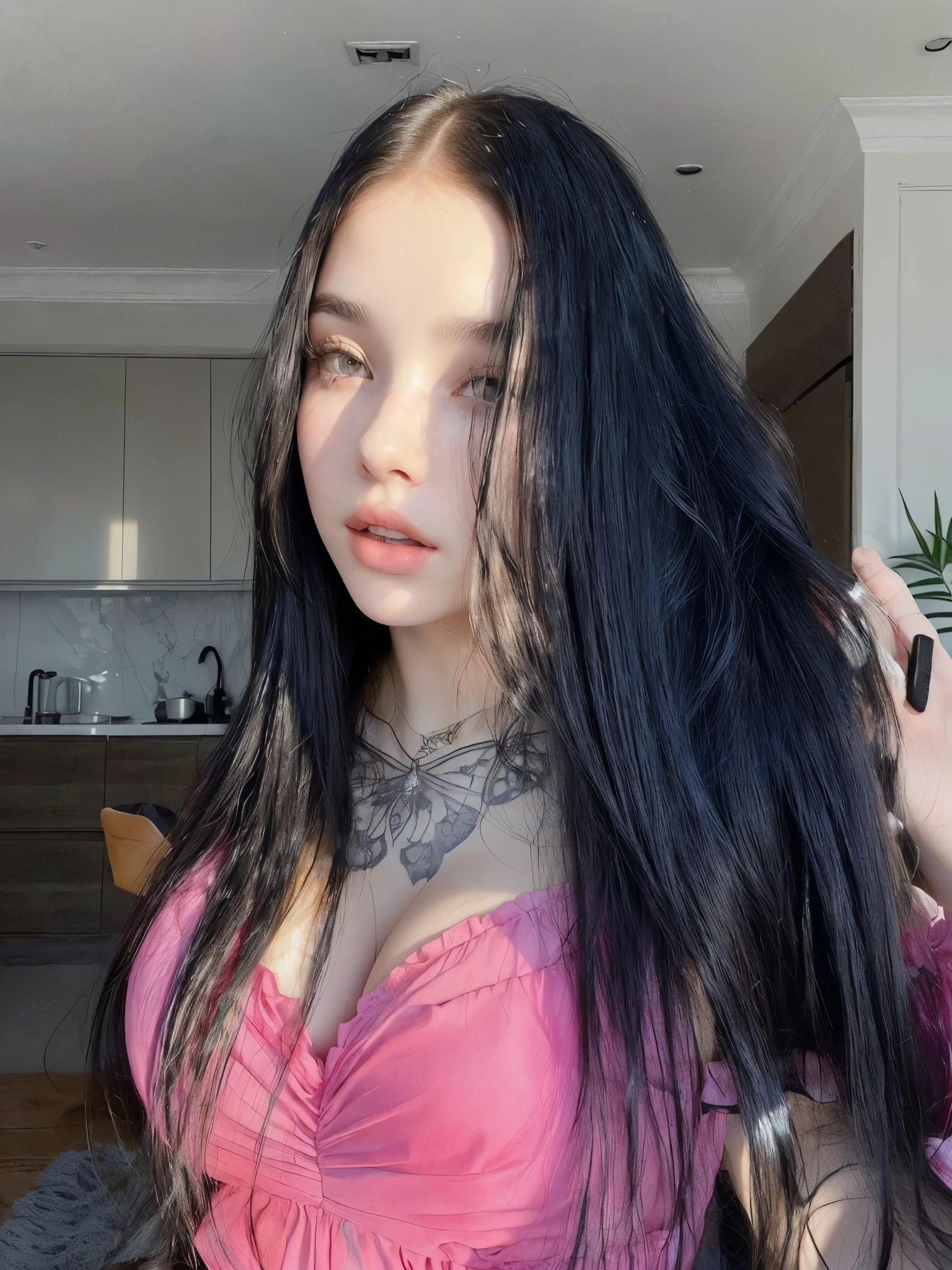 Mujer arafed con largo cabello negro y un vestido rosa., angelablanca, 18 years, bella poarch, anna nikonova aka new milkmaid, con pelo largo y ojos penetrantes, Dasha Taran, Retrato de Sophie Mudd, with pale skin, anastasia ovchinnikova, , 1 8 son