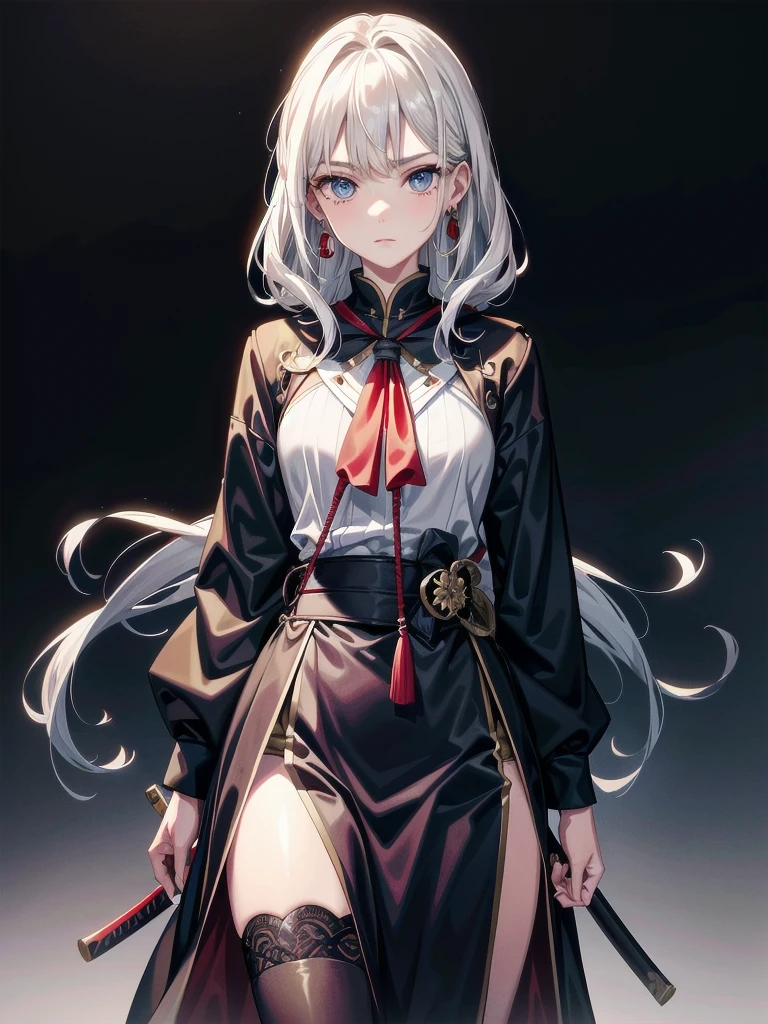 whole body, jacket, long katana, absurdres, RAW photo, extremely delicate and beautiful, masterpiece, Best Quality, ultra high resolution, 32k, hyperrealistic, ultra-detailed, detailed beautiful face and eyes, tearful mole, earring, short medium hair, wavy hair, Ruins, sailor uniform, samurai,