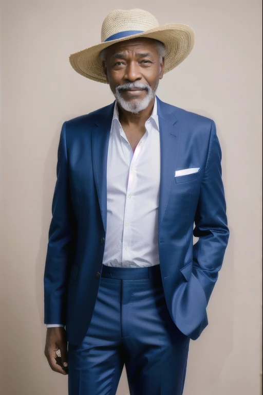 elderly black man on a white background, il porte un chapeau de paille, he wears an open dark blue suit, une chemise bleu clair et un pantalon blanc, Il est souriant et s'appuie sur une canne, porte une longue barbe soigné et une moustache blanche