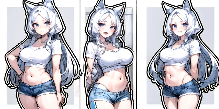 NSFW,masterpiece,Highest quality,High resolution,Super detailed,Shirakami Fubuki\(Hololive\),Gray Hair、One-sided braid、Ahoge、Earrings,Fox ears,Fox tail,Crop top shirt,Sleeveless,Low-rise denim shorts,Embarrassed,blush,Expecting face,(Ecstasy face),(Adult Shop),(Underwear section),(Naughty shop),Cute pose,Date,(Seduce),(Middle-aged men),(Having sex),Insert your dick,Creampie,(Squirting)