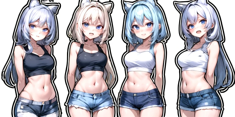 1 garota, :d, curativo, curativo_sobre_joelho, franja, apenas_ombros, Azul_cabelo, Azul_marinheiro_colarinho, Azul_Shorts, corar, branco pink cat ears, colarinhobsobree, cortar_principal, presa, cabeloclip, joelhohighs, lsobreg_cabelo, barriga, umbigo, sobree_lado_acima, abrir_boca, vermelho_olhos, marinheiro_colarinho, Camisa, sapato, Shorts, sem mangas, sem mangas_Camisa, pequeno_seios, sorriso, tennis, meias, Sozinho, standing, faixa de suor, dois_lado_acima, branco_pants, branco_Camisa, (branco_Fundo:1.6)multiple views,completo_corpo