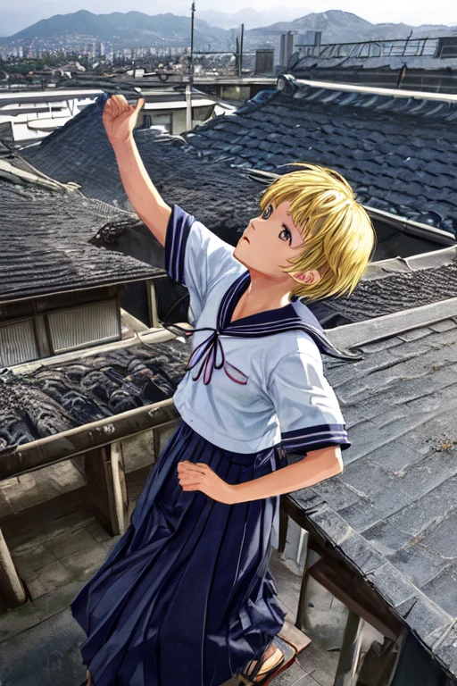 　Japanese　Sailor suit　Bad students　School rooftop　Short cut　Short Hair　Spiky Hair　Dyed hair gold　look up　long skirt in black　80&#39;s
