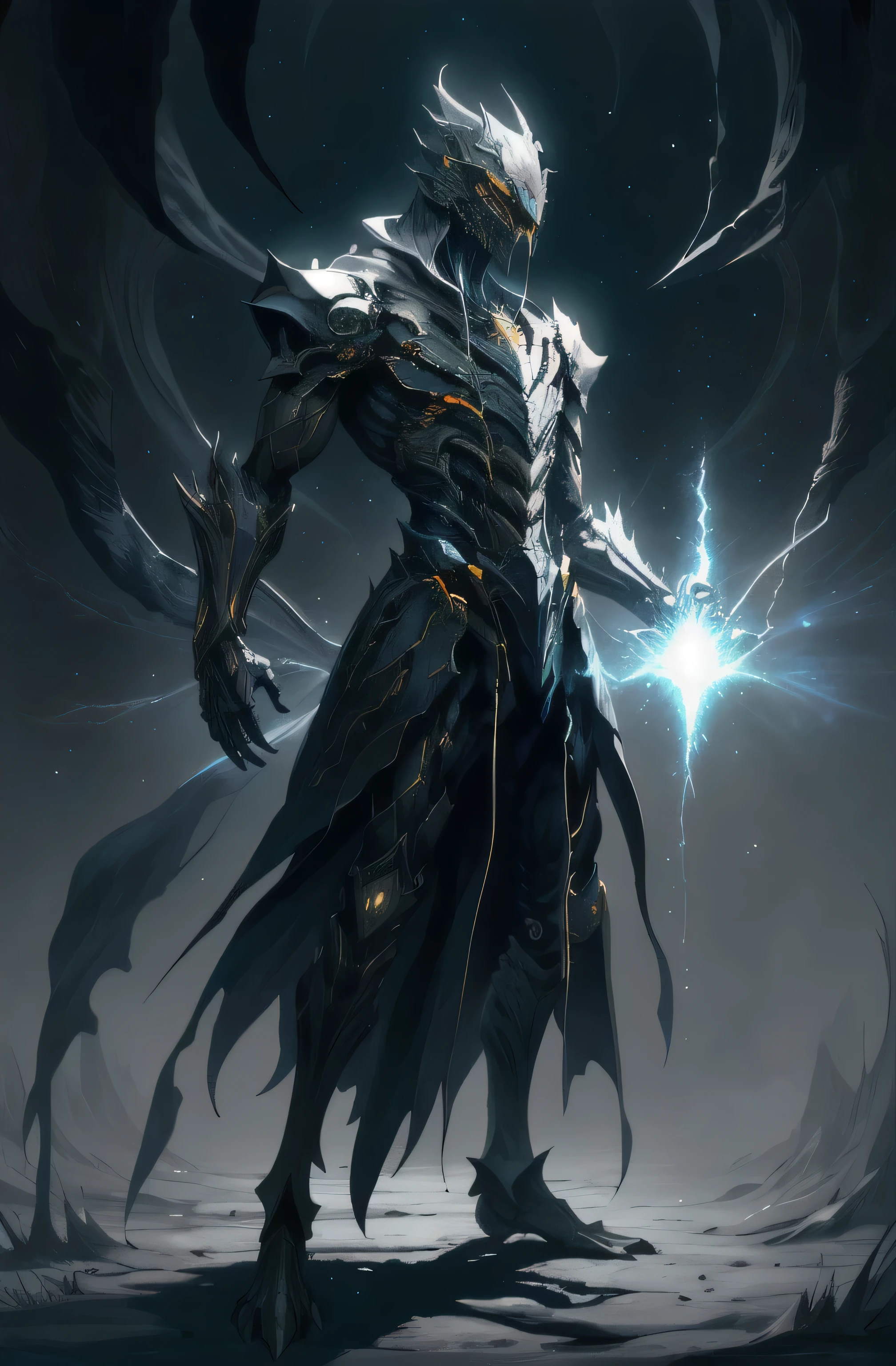 masterpiece, best quality, masterpiece, realistic full body boy wizard, Radiant energy, void, empty eyes, (extremely good), Light magic, dark forest, standing by a dark tree, wearing a robe, mechanical hands, positive energy, hell, void, stars, black hair, reflective details,