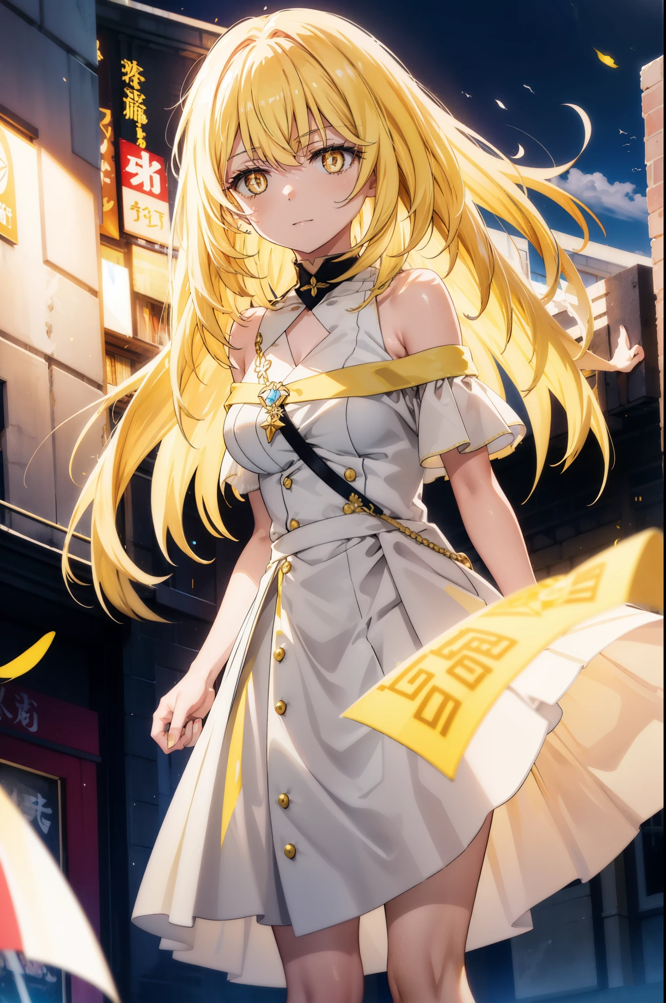 misakishokuhou, Misaki Shokuhou, Blonde, Hair between the eyes, Long Hair, (Symbol-shaped pupil:1.5), + +, (Yellow Eyes:1.5), (Medium chest:1.2),happy smile, smile, Open your mouth,hair band,Yellow off-shoulder dress,Bare neck,Bare shoulders,bare clavicle,Bare arms,No sleeve,Yellow long skirt,Heeled Sandals,whole bodyがイラストに入るように,Clear skies,Daytime,True Summer,
break outdoor, Building district,
break looking at viewer, whole body,
break (masterpiece:1.2), highest quality, High resolution, unity 8k wallpaper, (figure:0.8), (Beautiful fine details:1.6), Highly detailed face, Perfect lighting, Highly detailed CG, (Perfect hands, Perfect Anatomy),