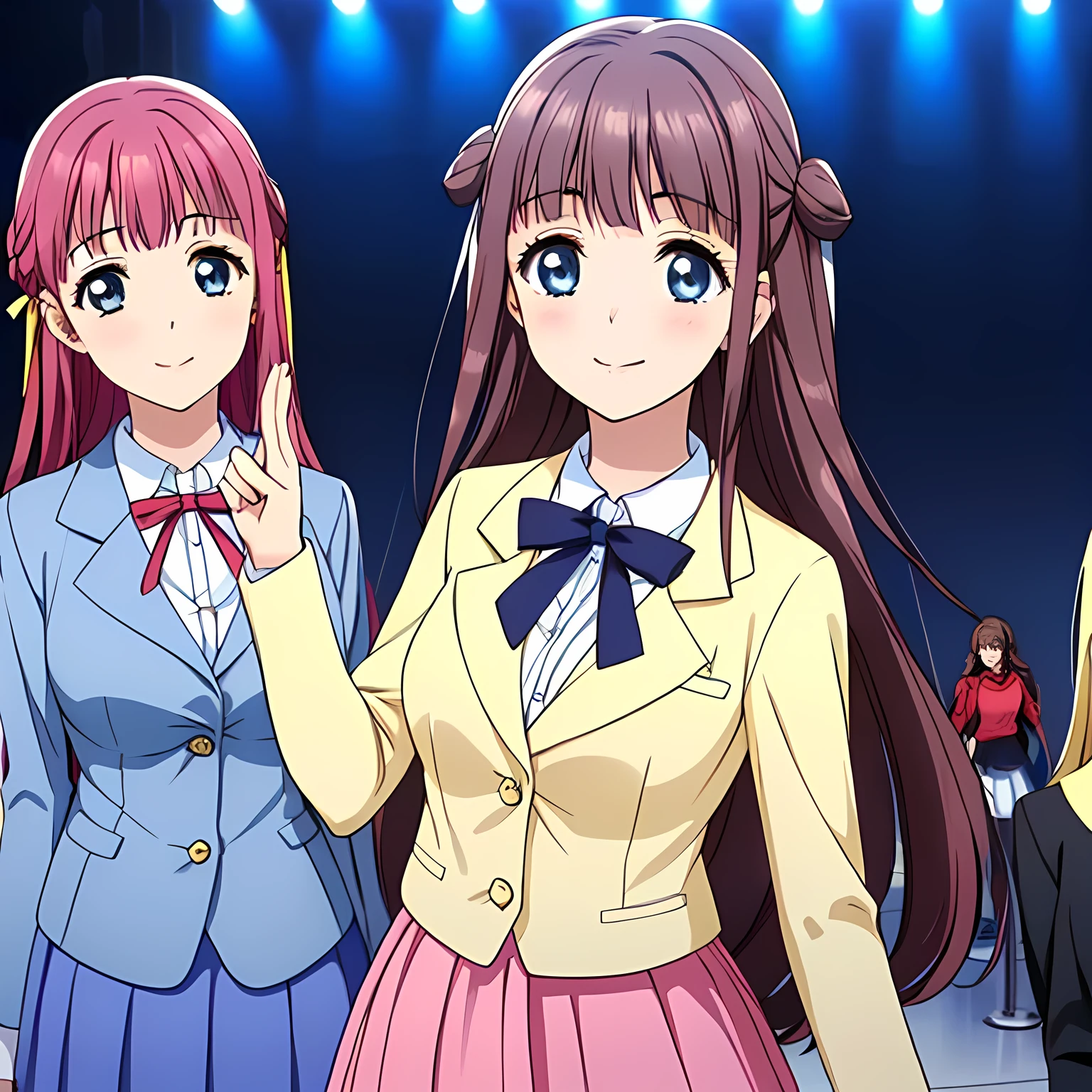 highest quality, (masterpiece:1.2), Very detailed, ((((３Beautiful girl in school uniform)))), ((Very beautiful girl in school uniform３A fashion model is looking at the camera and asking the viewer)), ((16 years old)), (((Very shiny, beautiful long hair))), She has a big cute ribbon in her hair, ((Navy blue blazer)), ((Navy blue pleated long skirt)), ((((Very beautiful and shining eyes)))), ((Very long eyelashes)), A large crimson ribbon on the chest, ((An elegant expression like a noble princess)), (((A beautiful and enchanting smile))), Very good posture, ((Half Up)), Wind, ((Heavenly happiness)), ((((As if inviting me to a deep, deep world、Calling the audience))))