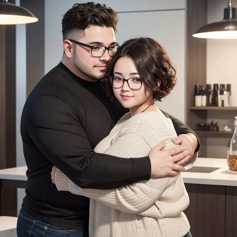 Generate AI image of chubby couple hugging:
- Female weight: 100kg
- Male weight: 75kg
- Female hairstyle: Short hair
- Male hairstyle: Slightly long and curly
- Male wears glasses