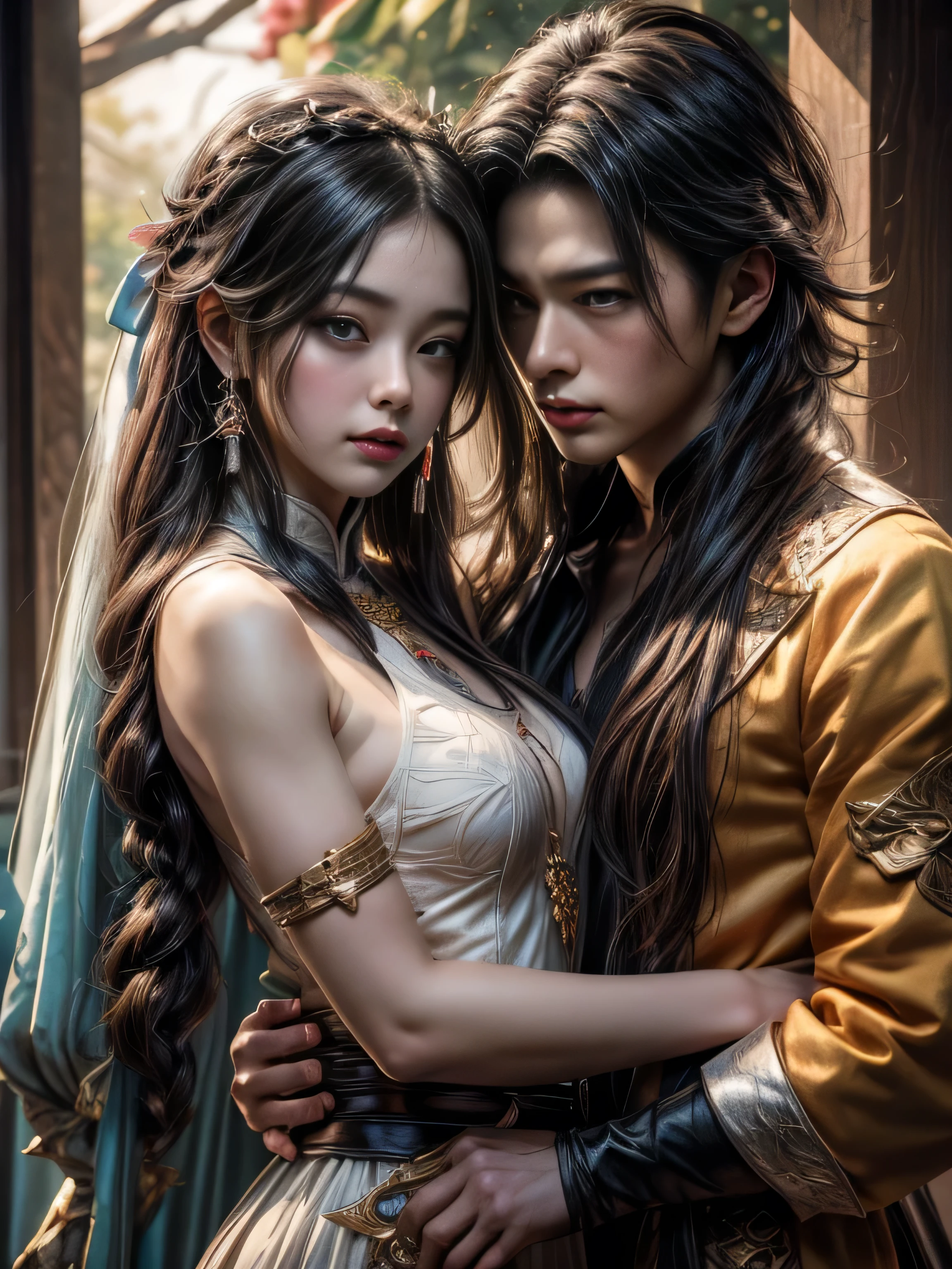 arafed image of a couple of asian man and woman hugging each other in Peach Garden, Peach Garden detailed background, xianxia fantasy, jingna zhang, game cg, wuxia, inspired by Chen Yifei, xianxia, xianxia hero, 2. 5 d cgi anime fantasy artwork, heise jinyao, chinese fantasy, beautiful render of tang dynasty, heise-lian yan fang, (perfect full face:1.5), (high detail:1.1), detailed character, detailed eyes, detailed hands, 4k best quality, 8k character details, high quality anime art, high quality illustration, detailed anime wallpapers, detailed anime art, hyper-realistic, elegant, high quality realistic anime art