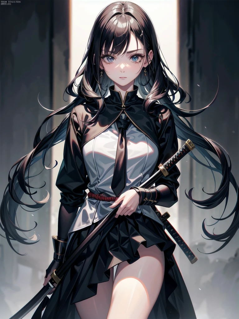 whole body, jacket, long katana, absurdres, RAW photo, extremely delicate and beautiful, masterpiece, Best Quality, ultra high resolution, 32k, hyperrealistic, ultra-detailed, detailed beautiful face and eyes, tearful mole, earring, short medium hair, wavy hair, Ruins, inner sailor school_uniform, samurai,