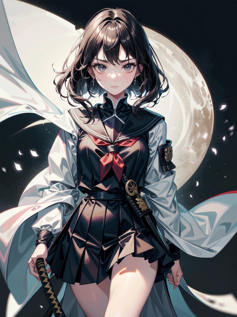 whole body, jacket, long katana, absurdres, RAW photo, extremely delicate and beautiful, masterpiece, Best Quality, ultra high resolution, 32k, hyperrealistic, ultra-detailed, detailed beautiful face and eyes, tearful mole, earring, short medium hair, wavy hair, Ruins, inner sailor school_uniform, samurai,