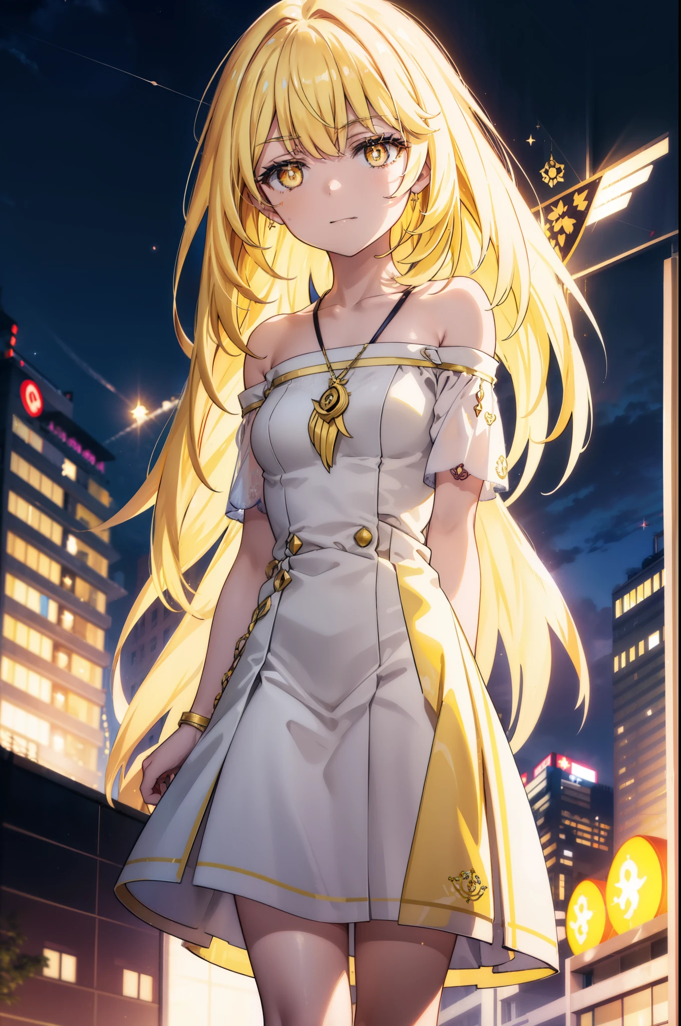 misakishokuhou, Misaki Shokuhou, Blonde, Hair between the eyes, Long Hair, (Symbol-shaped pupil:1.5), + +, (Yellow Eyes:1.5), (Medium chest:1.2),happy smile, smile, Open your mouth,Star Pendant,hair band,Yellow off-shoulder dress,Bare neck,Bare shoulders,bare clavicle,Bare arms,No sleeve,Yellow long skirt,Heeled Sandals,whole bodyがイラストに入るように,Clear skies,Daytime,True Summer,
break outdoor, Building district,
break looking at viewer, whole body,
break (masterpiece:1.2), highest quality, High resolution, unity 8k wallpaper, (figure:0.8), (Beautiful fine details:1.6), Highly detailed face, Perfect lighting, Highly detailed CG, (Perfect hands, Perfect Anatomy),